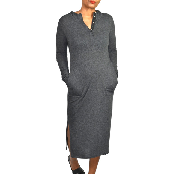 Noctex Henley Sweater Dress Grey Charcoal Wool Midi Hooded Pockets Side Slits XS - Picture 1 of 15